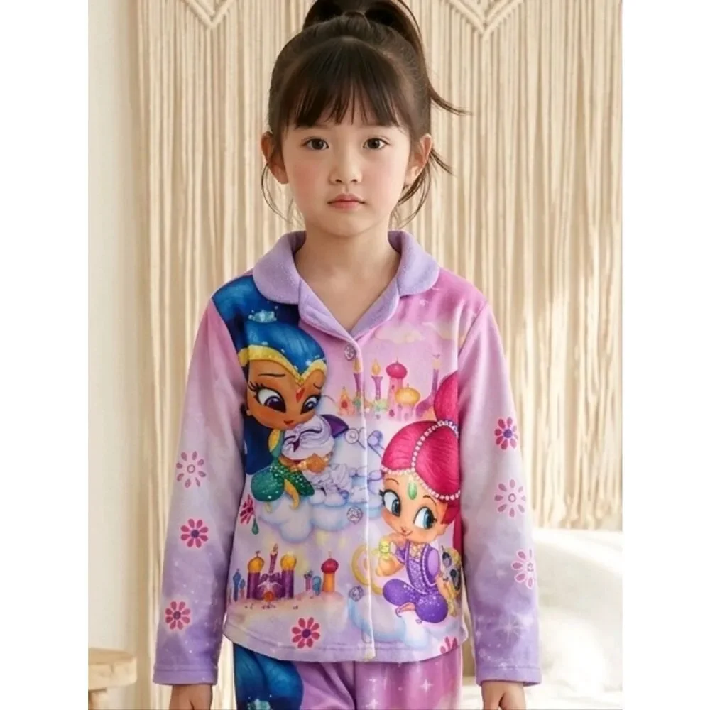 Nick Jr Shimmer And Shine Purple Pets Flannel Pajama Top Girls 6/6x Sleep Shirt